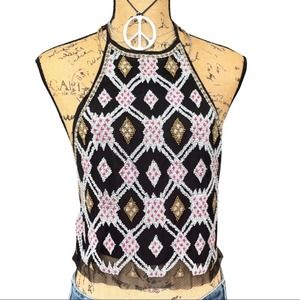 ECOTE boho Bralette top beaded back & neck tie fully lined size SMALL